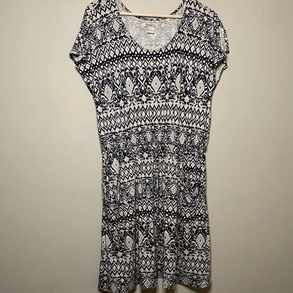 Lucky Brand Blouson Dress XL Beige Black Diamond Print Pockets Split Sleeve